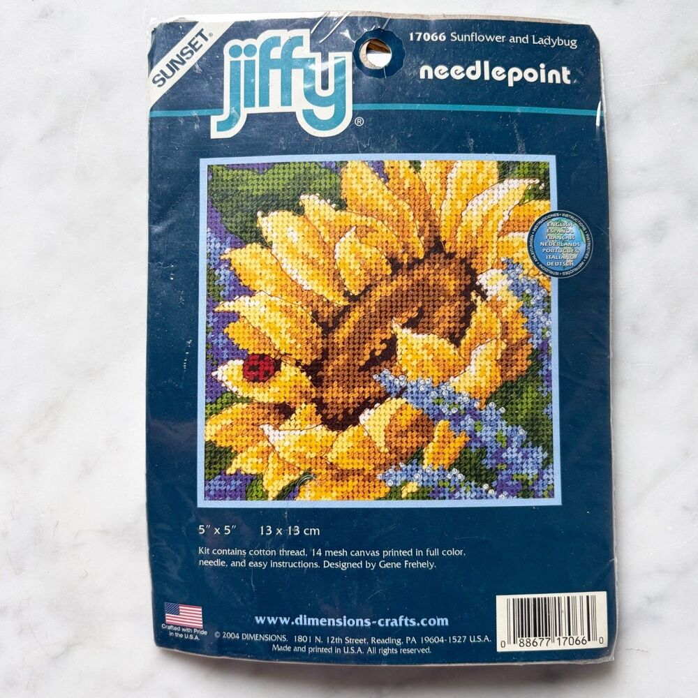 Sunset Jiffy Needlepoint Kit Sunflower Ladybug #17066 5" x 5" Vintage 2004